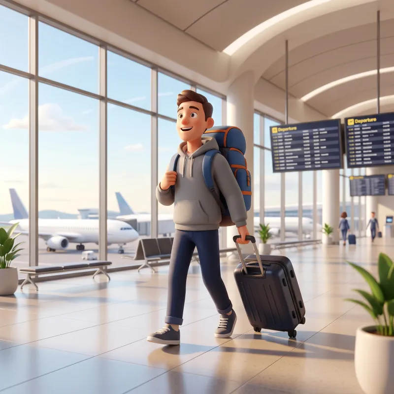 A traveler at an airport check-in desk