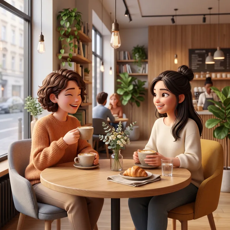 Two friends chatting over coffee in a cafe