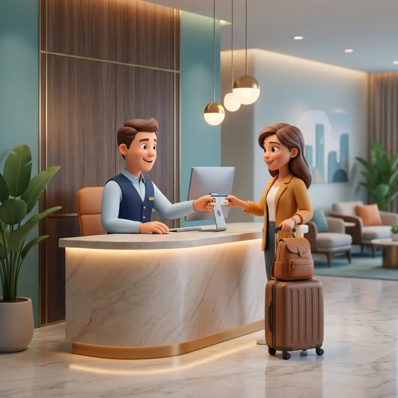 A guest checking in at a hotel reception